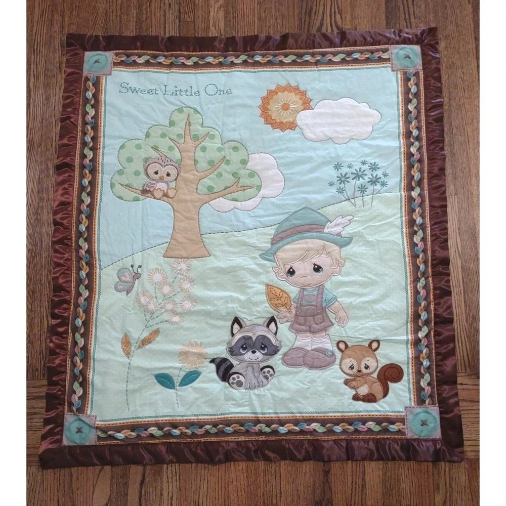 Precious Moments Sweet Little One Baby Blanket Woodland Boy Quilt Satin Trim